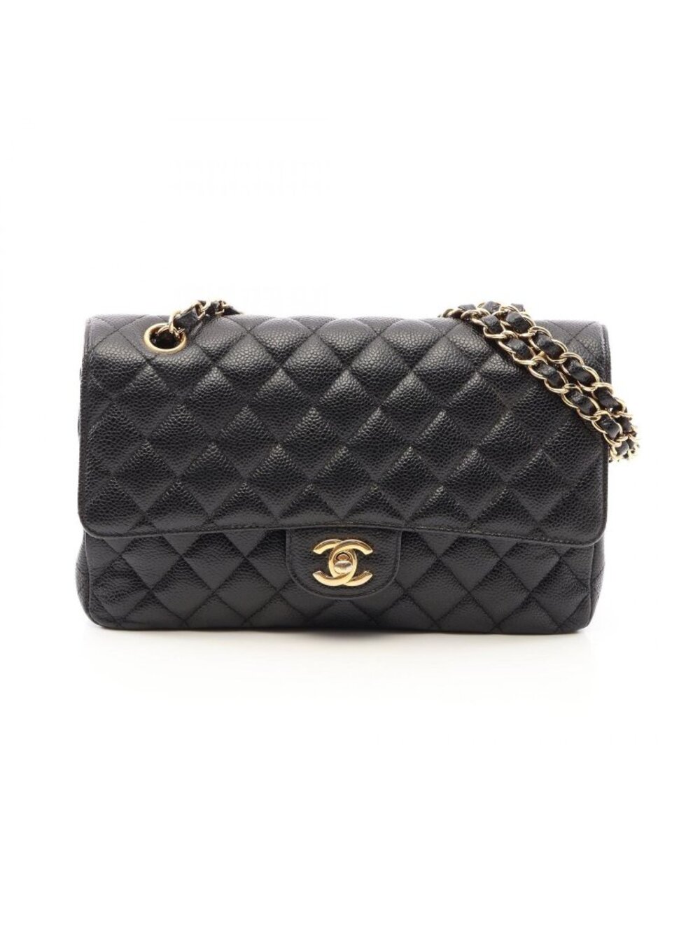 Chanel Shoulder Bag Quilted Double Flap Black Caviar Leather Chain